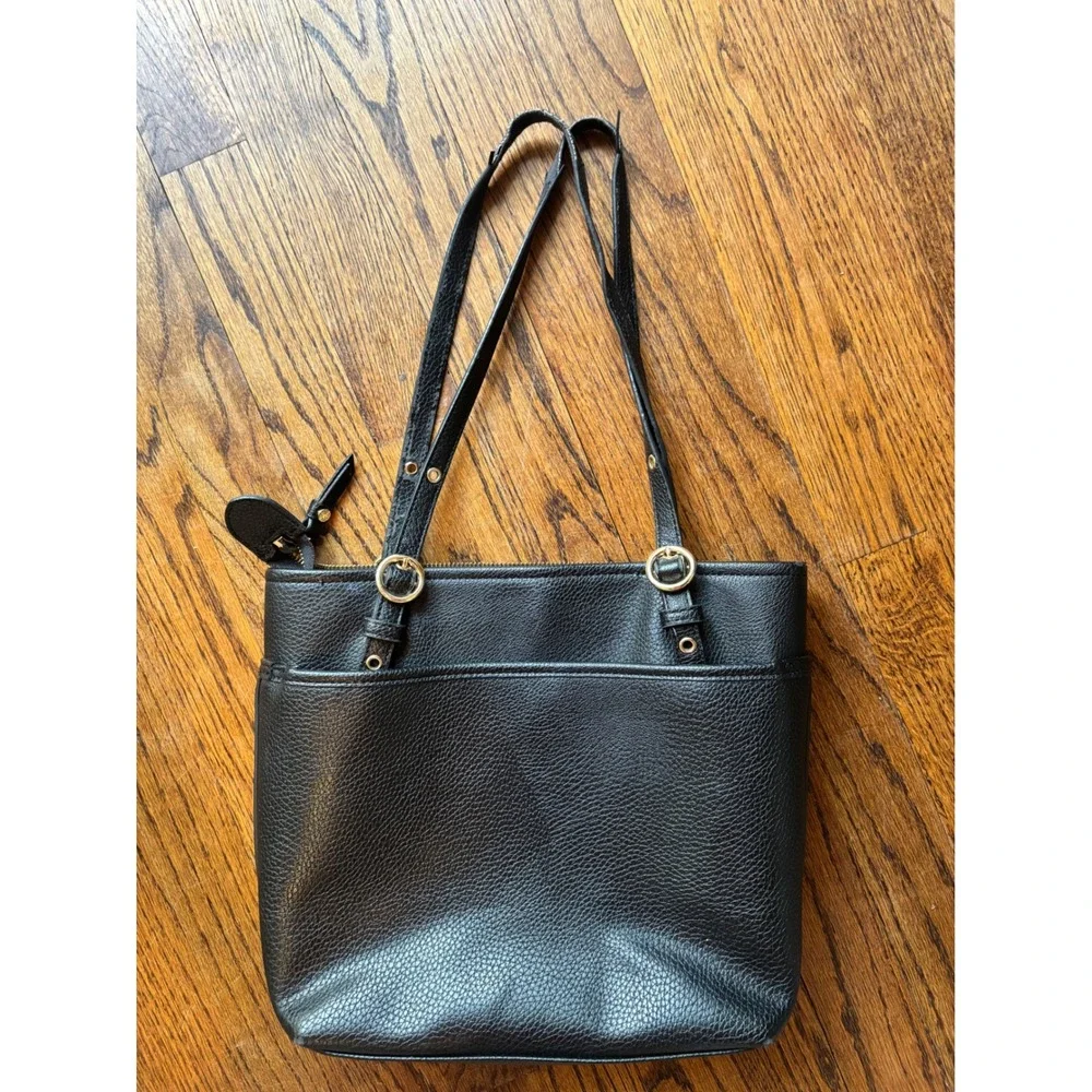 Anne Klein Black Pebbled Leather Tote Gold Hardware Work Office Shoulder Bag